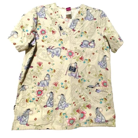 Disney Winnie The Pooh Eeyore X-Ray Paisley Floral V-Neck Scrub Top Womens Small - Picture 1 of 5